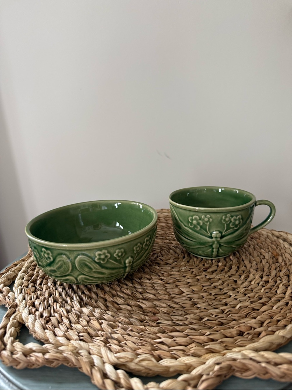 Cost Plus World Market Green Floral Ceramic Mug and Bowl